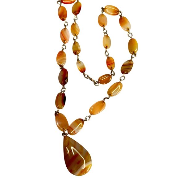 Vintage Carnelian Agate Necklace with Teardrop Pendant Hand Cut Gemstone Beads - Picture 1 of 5